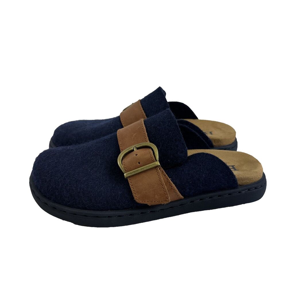 Born Lia Felt Mule Comfort Slip On Navy Wool Leather Buckle Lightweight Womens 6